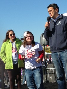 Introducing her friend Congressman Kevin Yoder at the Down syndrome walk. 