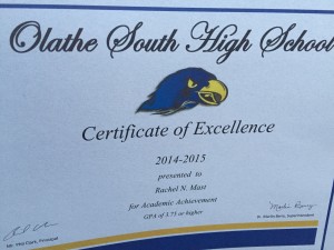 Rachel received an award at the Olathe South Academic Awards program. We were at BWW :(