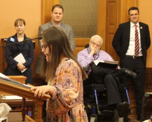 Rachel testifying on behalf of KS ABLE legislation. Congressman Kevin Yoder (R-KS) is watching on the side. 