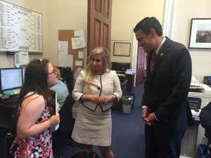 Rachel selling ABLE to Work to her friend and Congressman Kevin Yoder (R-KS) as NDSS President Sara Weir listens. 